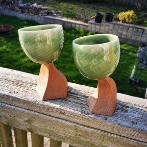 Pair of Celadon Green and Camel Colour Art Pottery Goblets